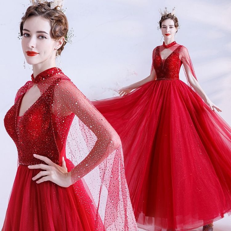 Cape-Sleeve Choker-Neck A-Line Mesh Evening Gown YP3450