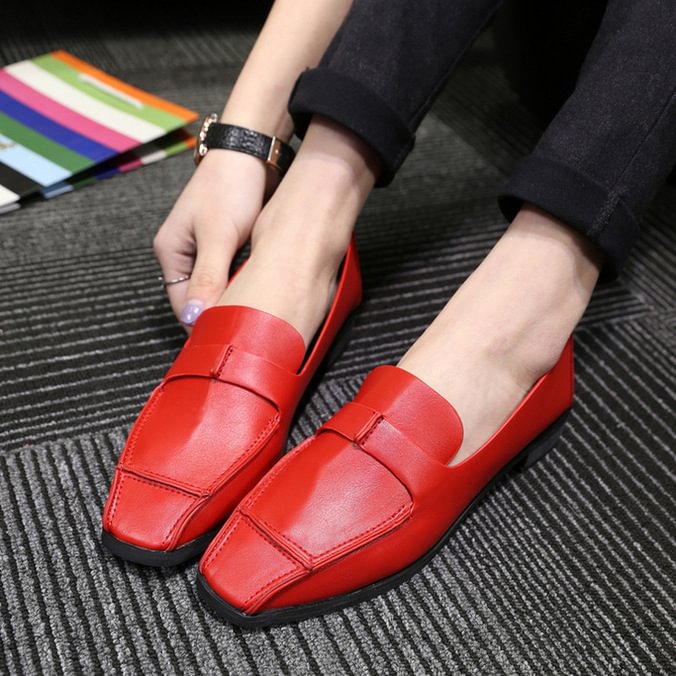 Red Square Toe Vintage Flat Shoes Retro Loafers for Women |FSJ Shoes