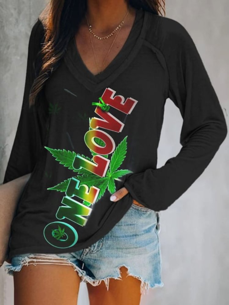 Vefave Colorful One Love Leaf Print Long Sleeve T Shirt