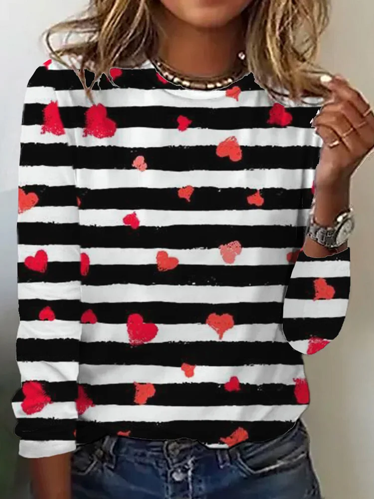 Valentine's Day Hearts Stripe Print Casual Long Sleeve T-Shirt