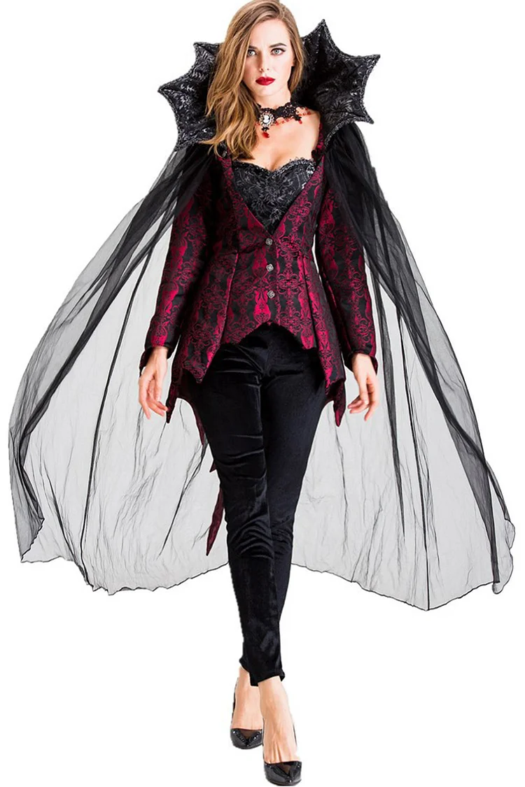 Gothic Red Halloween Vampire Patchwork Long Sleeve Blouse Corduroy Mesh Cloak Three Pieces Pants Set