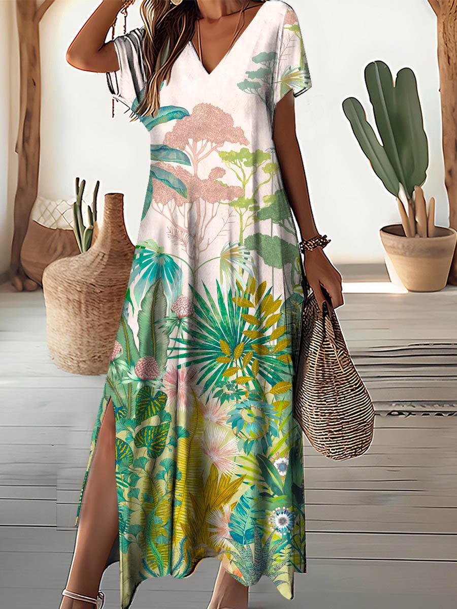 Women's Sunflower Pattern V-Neck Resort Dress