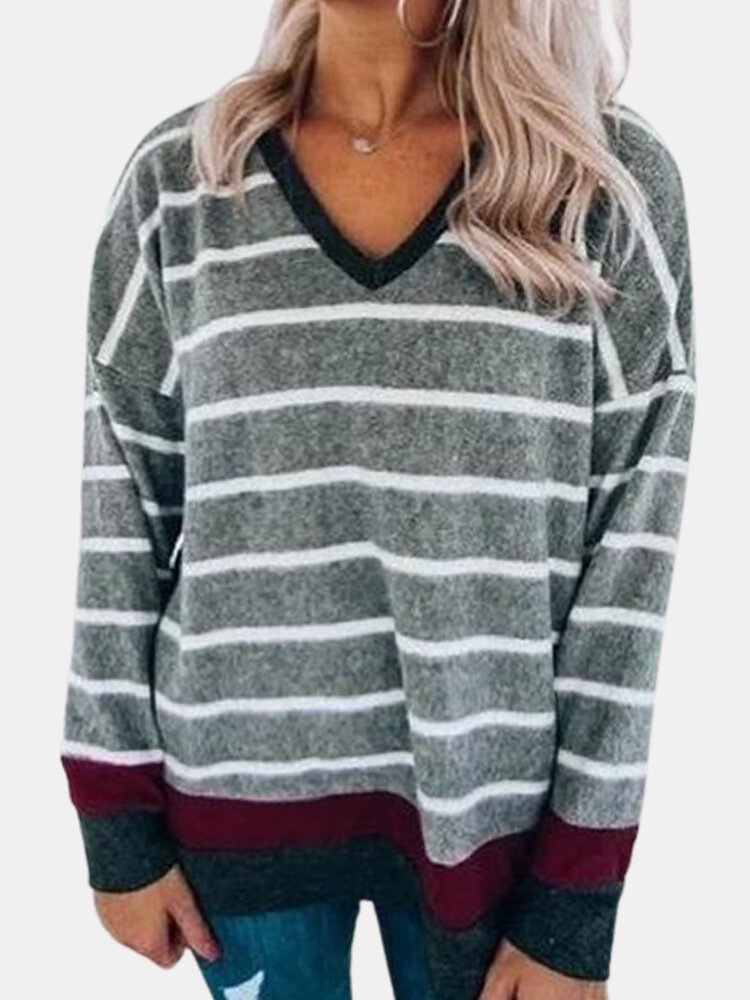 Contrast Color Patchwork Striped Print V neck Casual T Shirt For Women P1767774