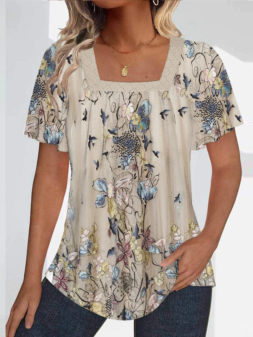 Women Short Sleeve U-neck Floral Printed Graphic Tops