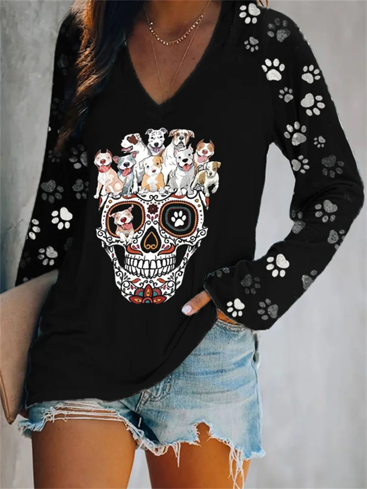 Lovely Dogs Sugar Skull Paw Prints V Neck T Shirt