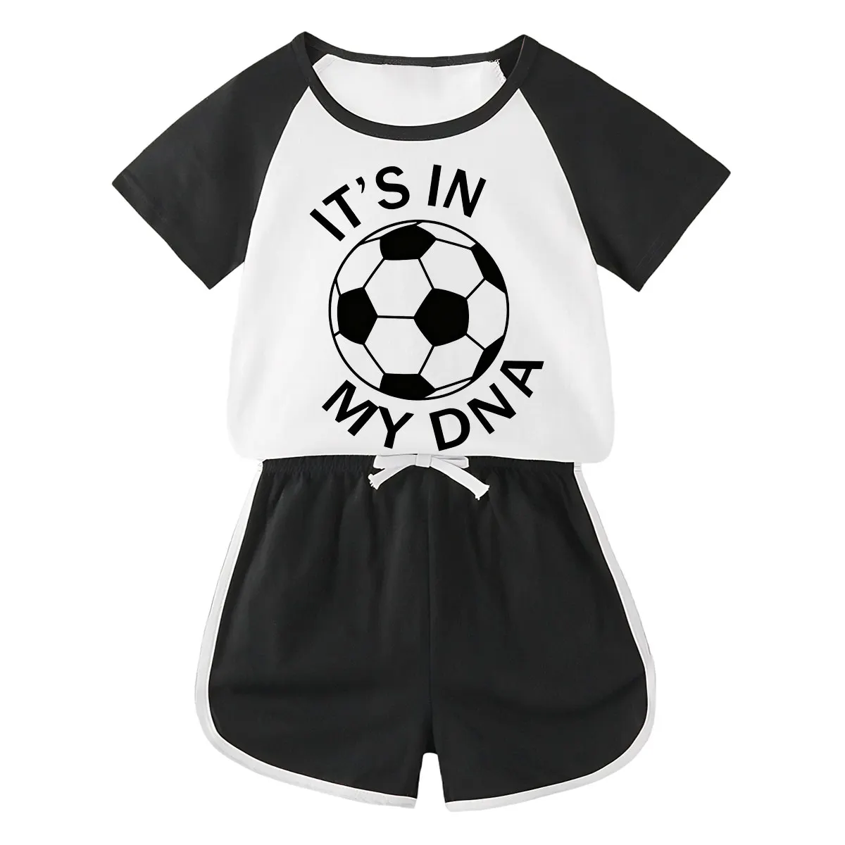 【18M-11Y】Toddler Soccer 'It's In My DNA' 2-Piece Outfit - Sporty Graphic Raglan Top & Shorts Set For Kids
