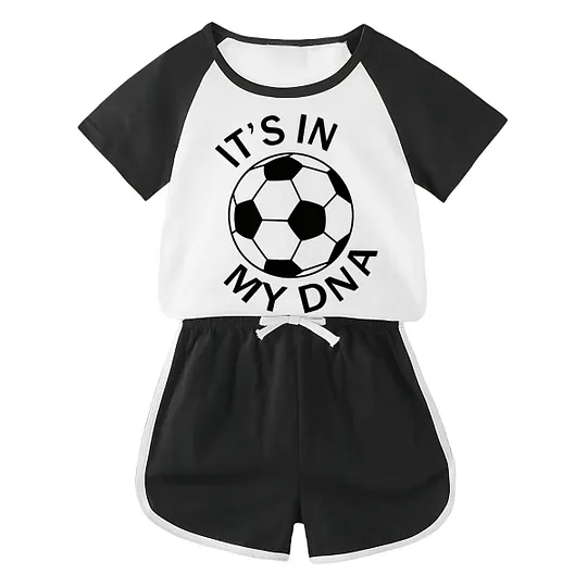 【18M-11Y】Toddler Soccer 'It's In My DNA' 2-Piece Outfit - Sporty Graphic Raglan Top & Shorts Set For Kids