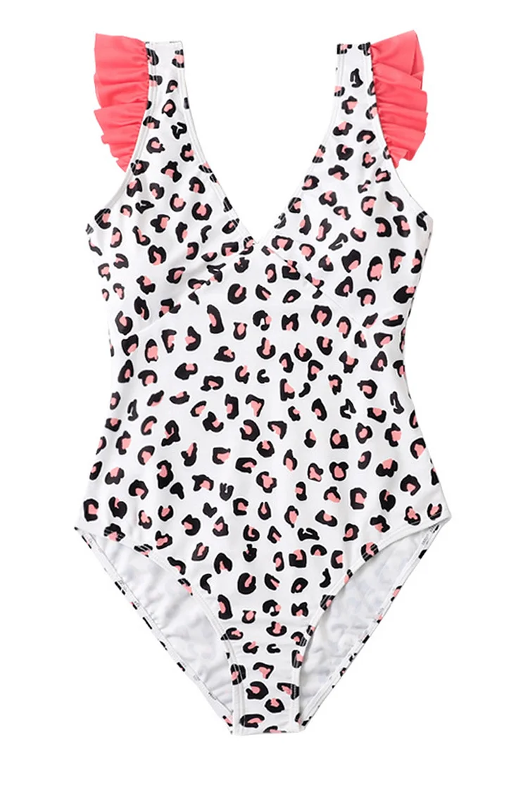1950s White Vacation Leopard Print Ruffle One Piece Swimsuit