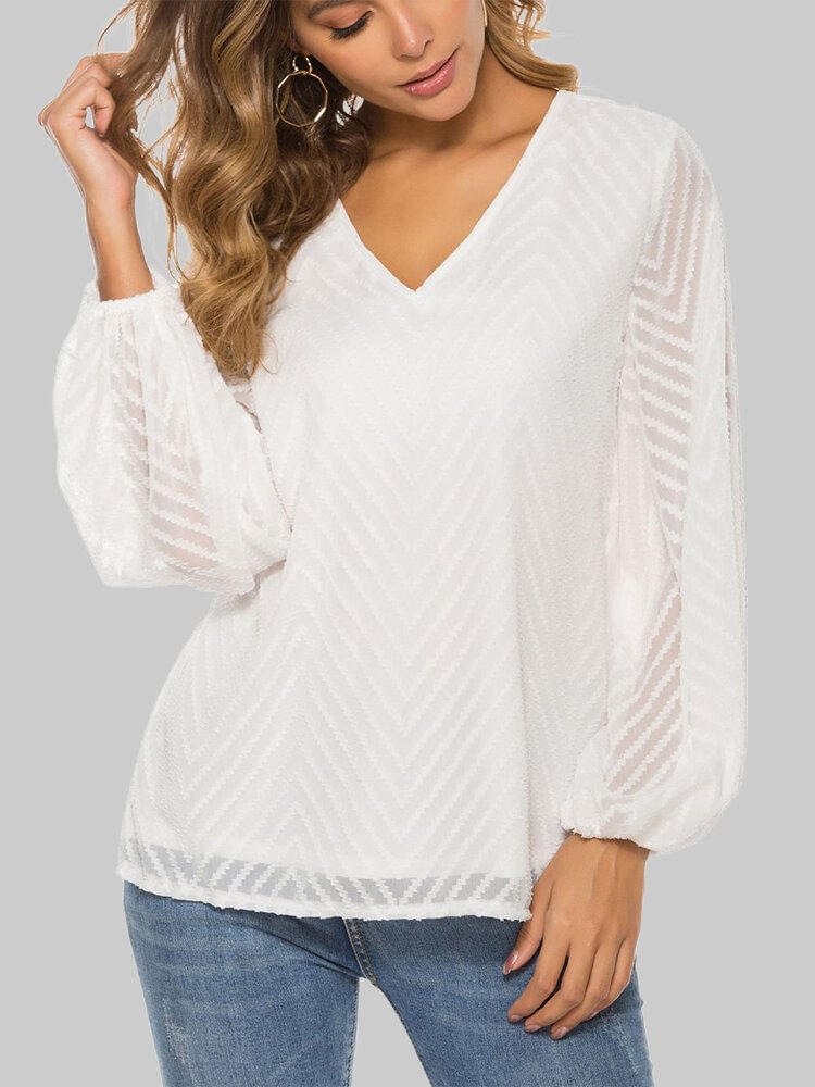 Striped Print Lantern Long Sleeve Hollow V Neck Casual Shirt P1823721