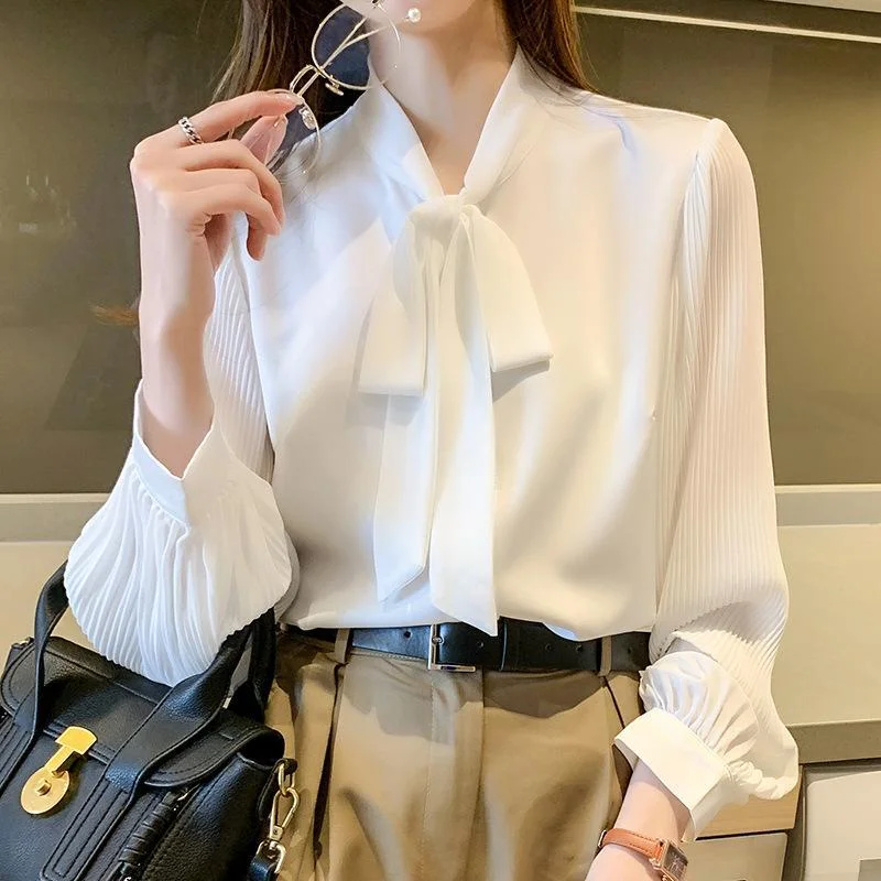 White bow tie long-sleeved loose-fitting chiffon shirt