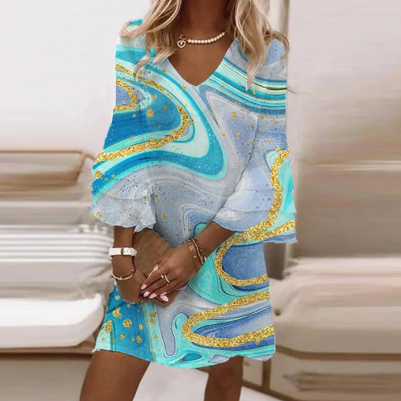 Trendy Bell Sleeve V Neck Ruffle Vintage Print Loose A Line Casual Dress