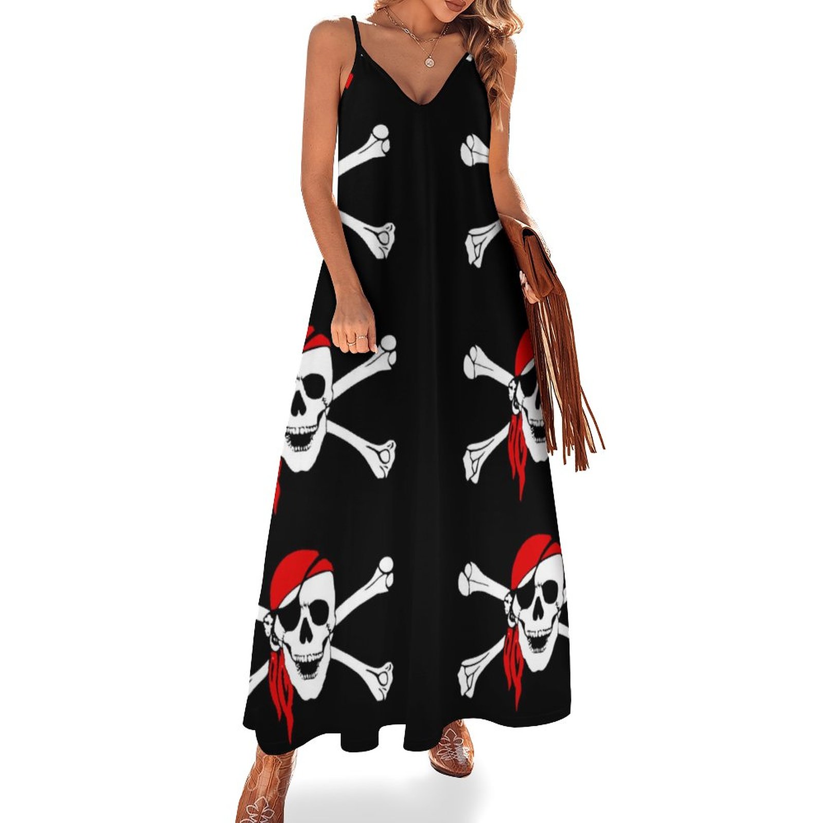 green emerald velvet dress La Leela Women's Halloween Halter Neck Dead Skull Cross Pirate Print Black  Color Long Flowy Dress main image 1