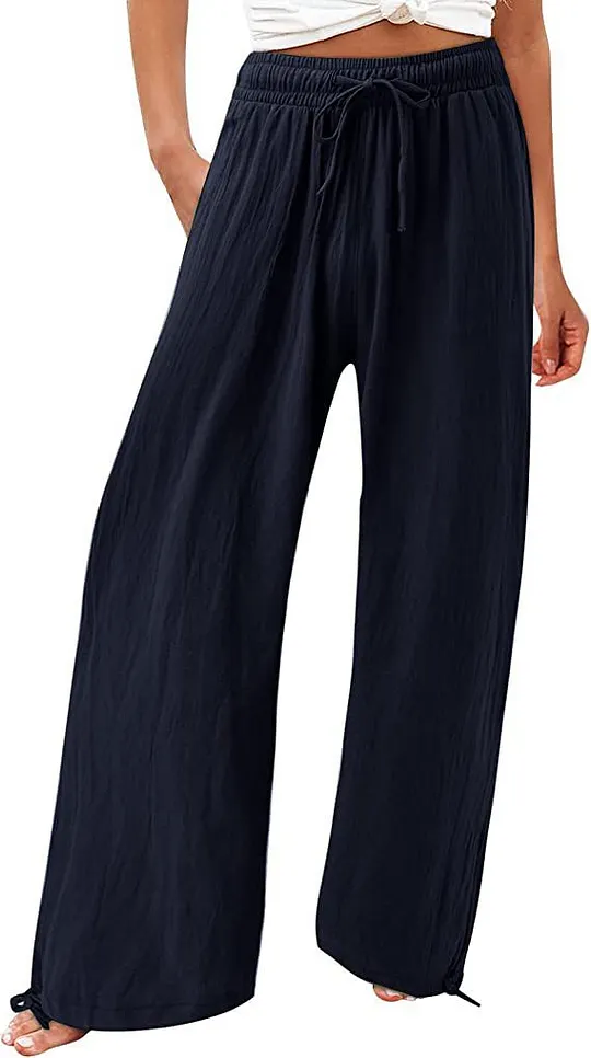 Summer Casual Loose Beach Pants Women's Wide Leg Pure Color Rope Detailing Long Trousers Comfortable Loose Fit Beachwear