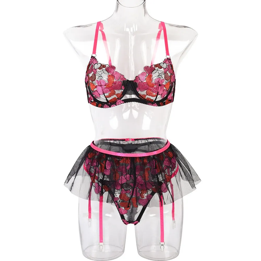 Billionm Piece Heart Embroidery Lace Bra Set Women Mesh Lingerie Set
