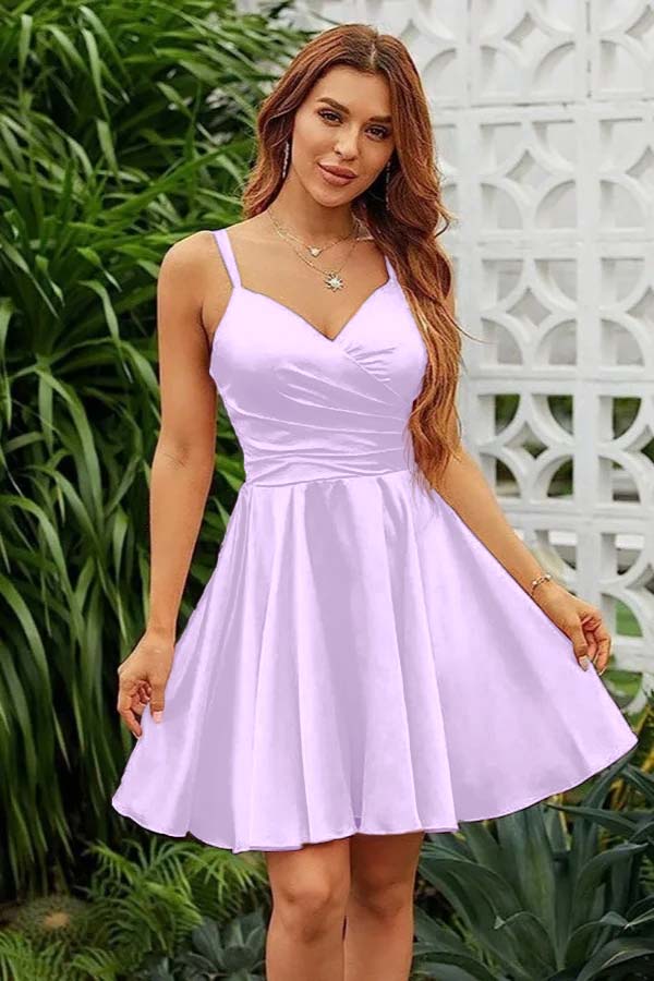 Lvs&Broner Pink Satin V Neck Spaghetti Strap Sleeveless Pleated Short Homecoming Dress