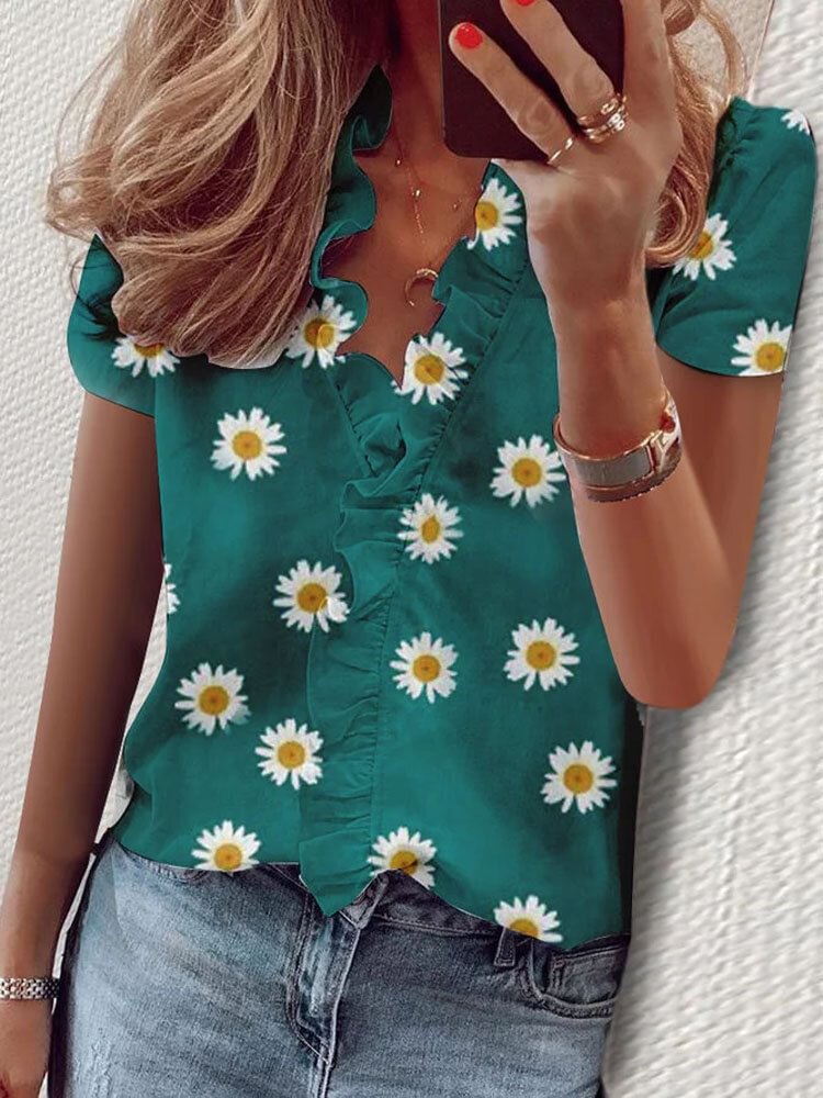 Daisy Floral Printed Short Ruffled V neck T shirt P1684584