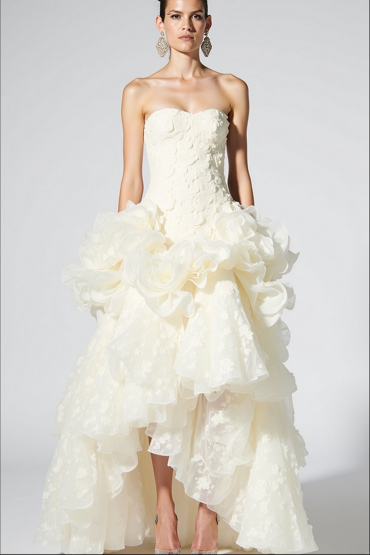 Sweetheart Strapless Sleeveless Long Pleated A-Line Prom Dress With Flowers And Ruffles | LR0085 Wellcucu