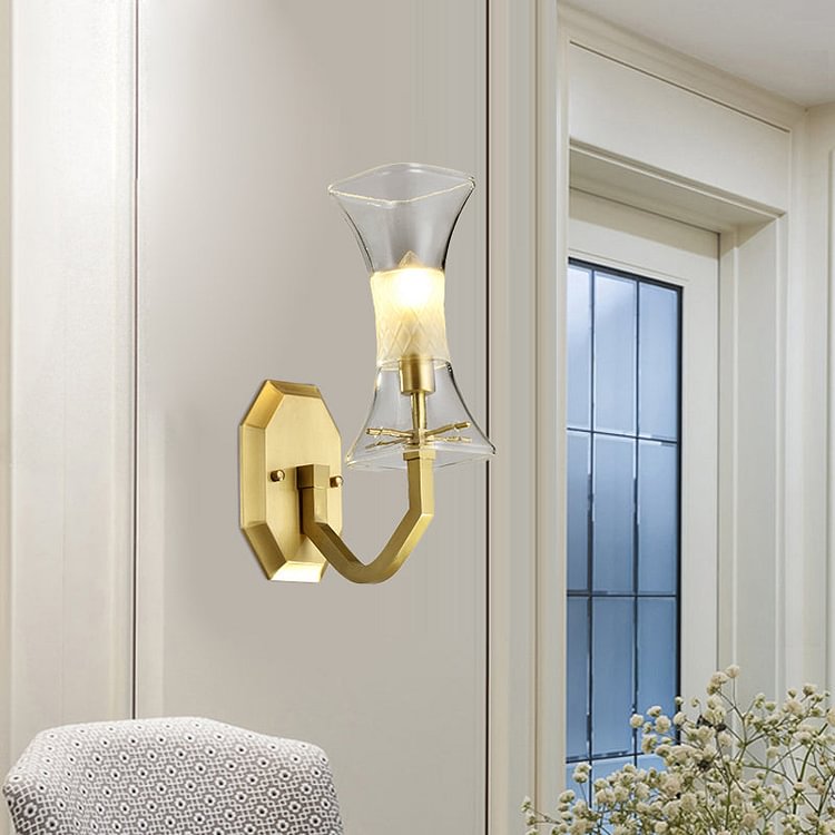 Clear Glass Brass Finish Sconce Lamp Hourglass 1-Head Vintage Wall Mounted Light Fixture