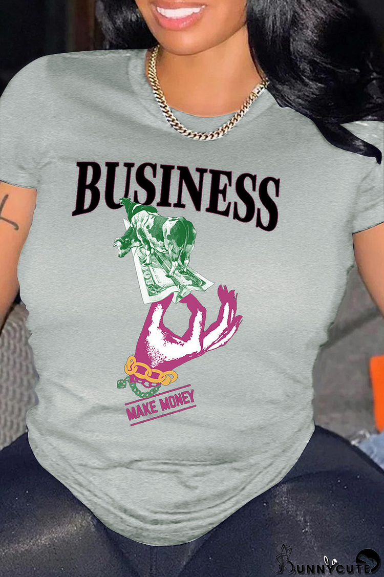 Grey Fashion Vintage Print Split Joint Letter O Neck T-Shirts