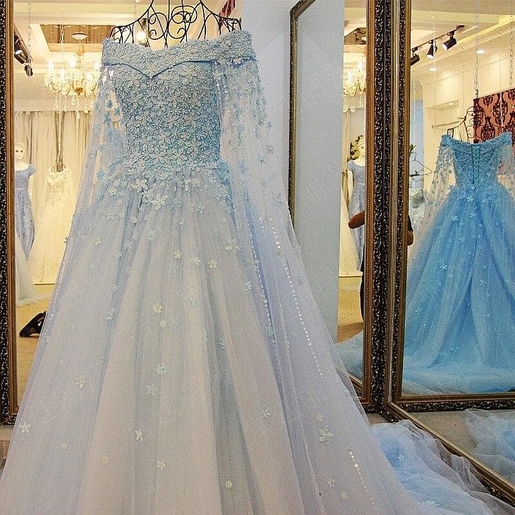 Blue A-Line Flower Prom Dress SS096