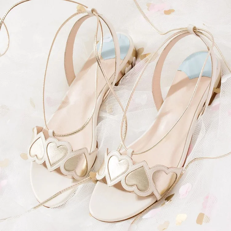 White & Champagne Open Toe Strappy Heart Flat Sandals for Women |FSJ Shoes