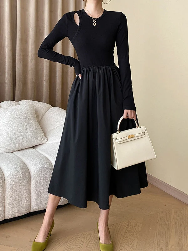 Elasticity Hollow Solid Color Split-Joint A-Line Long Sleeves Round-Neck Midi Dresses
