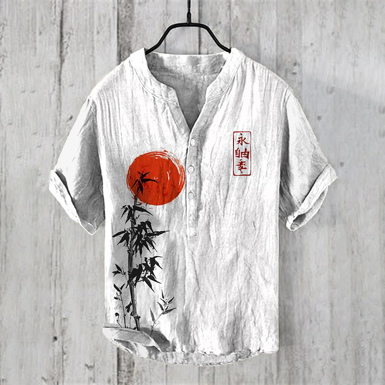 Comstylish Japanese Bamboo Forest And Red Sun Art Linen Blend Cozy Shirt