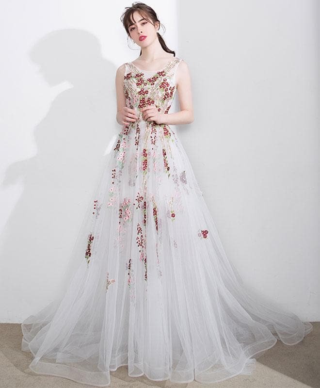 White A Line Lace Tulle Floor Length Prom Dress, White Evening Dress