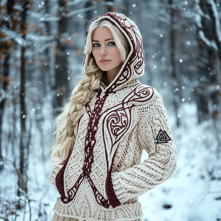 Women's Viking Jacquard Celtic Knitted Hooded Sweater