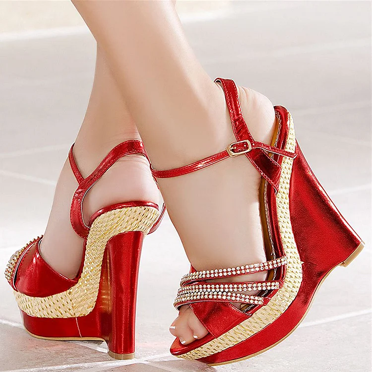Red Platform Sandals Peep Toe Rhinestone Party Woven Wedge Heels |FSJ Shoes