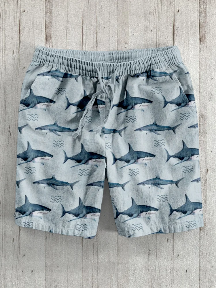 Comstylish Ocean Sharks Pattern Linen Blend Casual Shorts