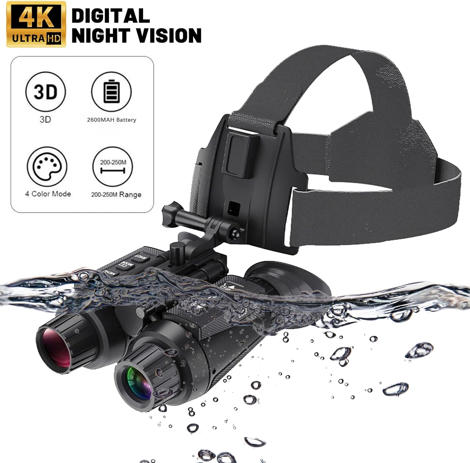 BekinTek Dual Eye 3D View Helmet Mounted Night Vision Binoculars Head Mountable Goggles Rechargeable Optics Telescope IR Full Dark Observing Adjustable Pupil Distance 7x Infrared 8x Digital Zoom 4K Video 36M Photo Independent Diopter Adjust 4 Color Effect 9