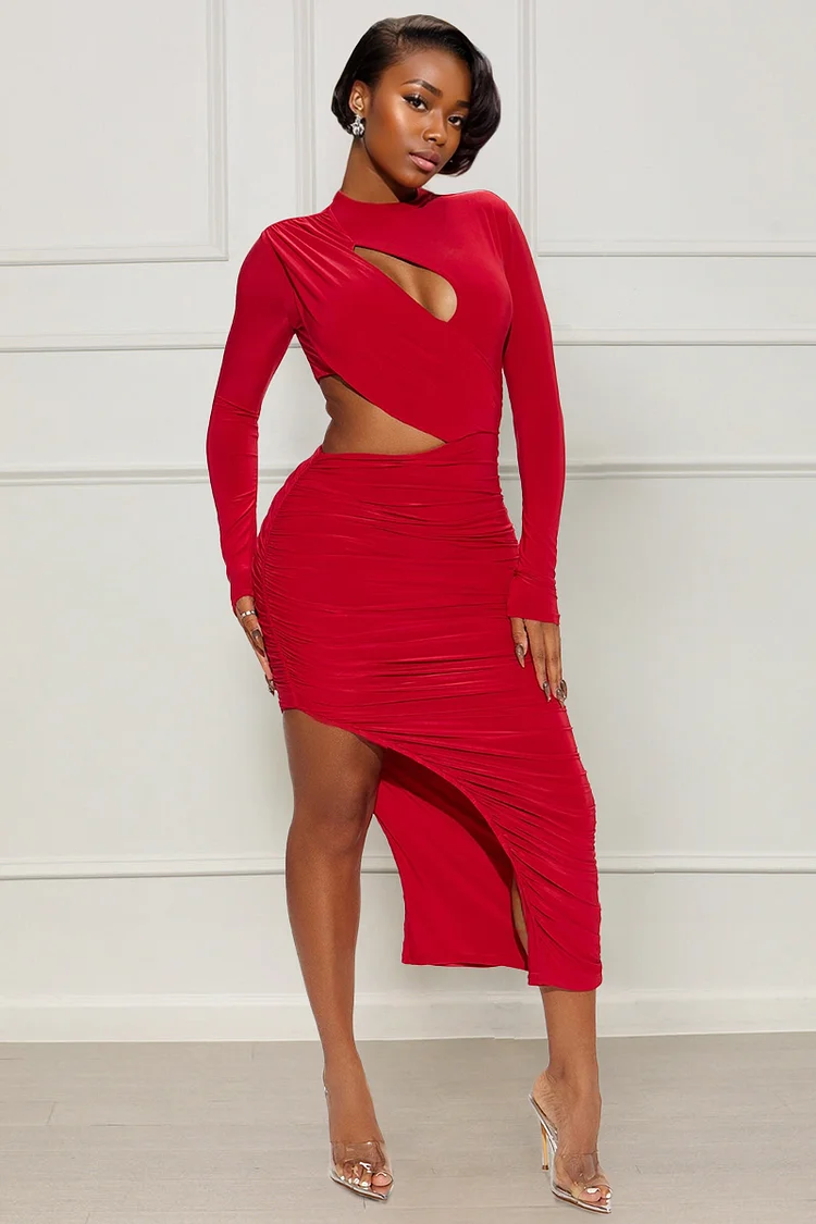 Long Sleeve Cut Out Ruched Asymmetric Bodycon Party Midi Dresses-Red