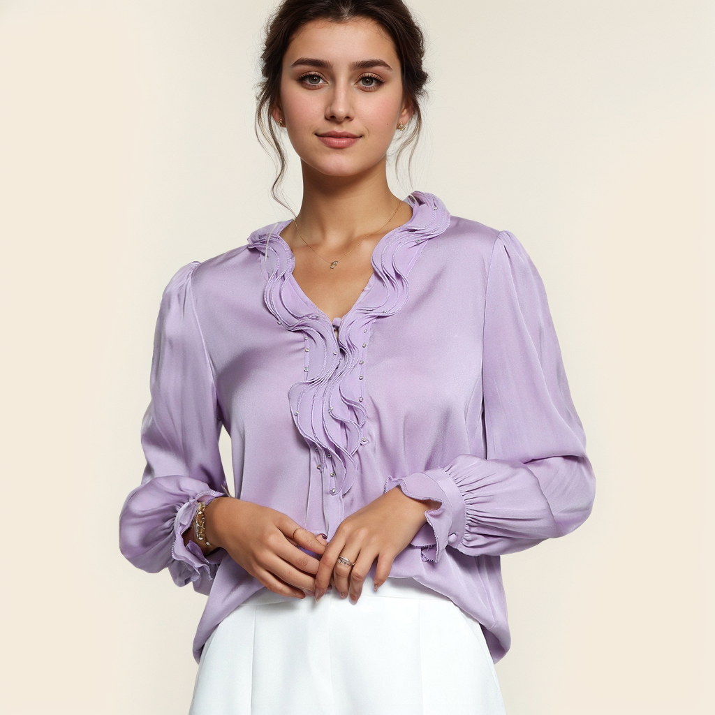 Light Purple Silk Shirt Ruffled Edge REAL SILK LIFE