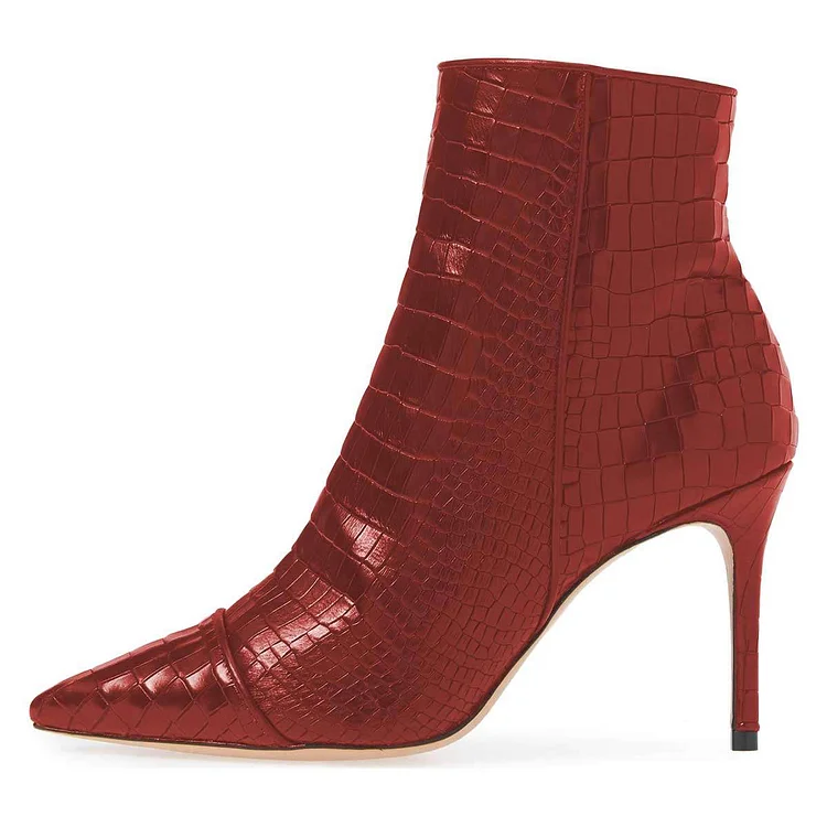 Burgundy Stone Pattern Stiletto Ankle Boots Vdcoo