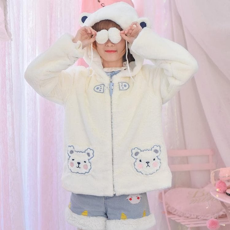 White Kawaii Bear Plush Hoodie Coat SP13230