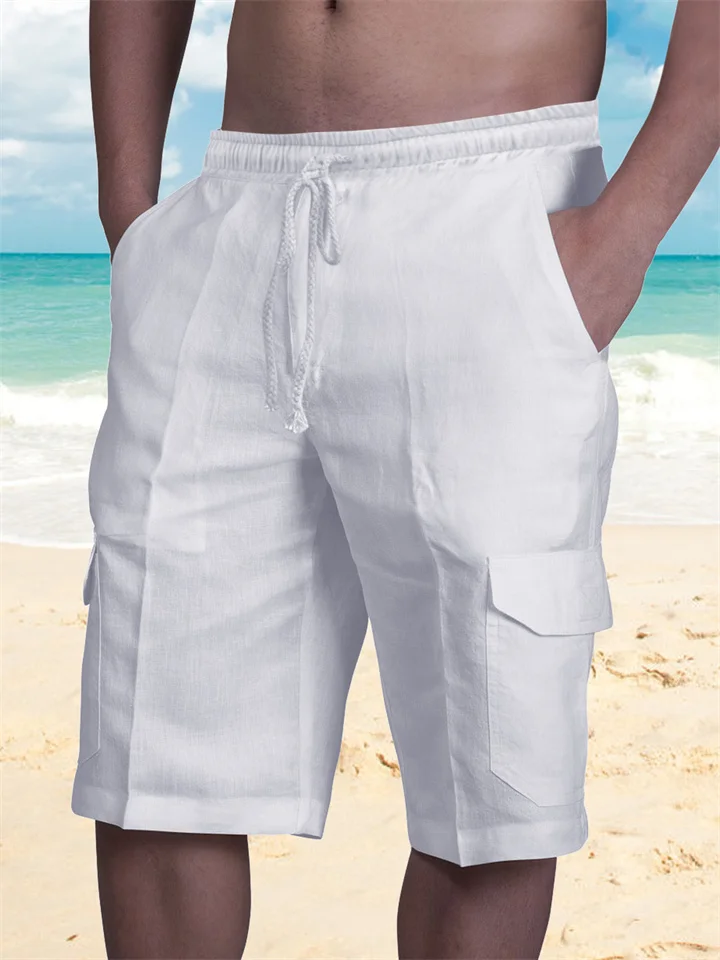 Men's Shorts Linen Shorts Summer Shorts Beach Shorts Multi Pocket Plain Knee Length Beach Linen / Cotton Blend Hawaiian Casual Black White Inelastic-JRSEE