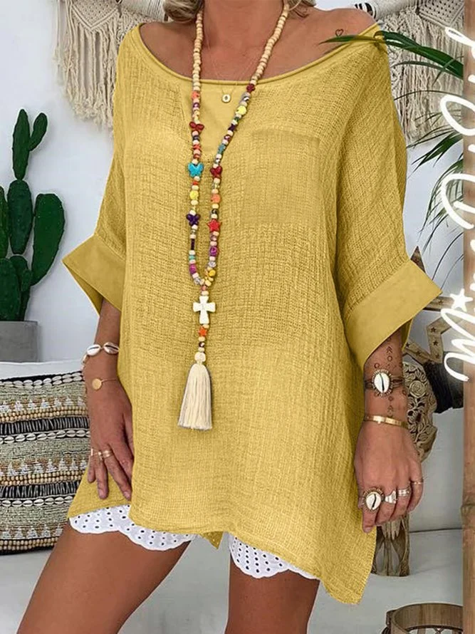Plus Size Women Half Sleeve V-neck Vintage Casual Tops Zaesvini