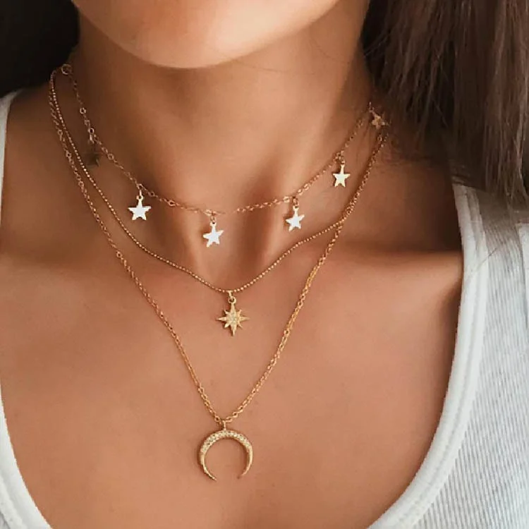 Star moon necklace women's pentagram necklace multi-layer moon pendant