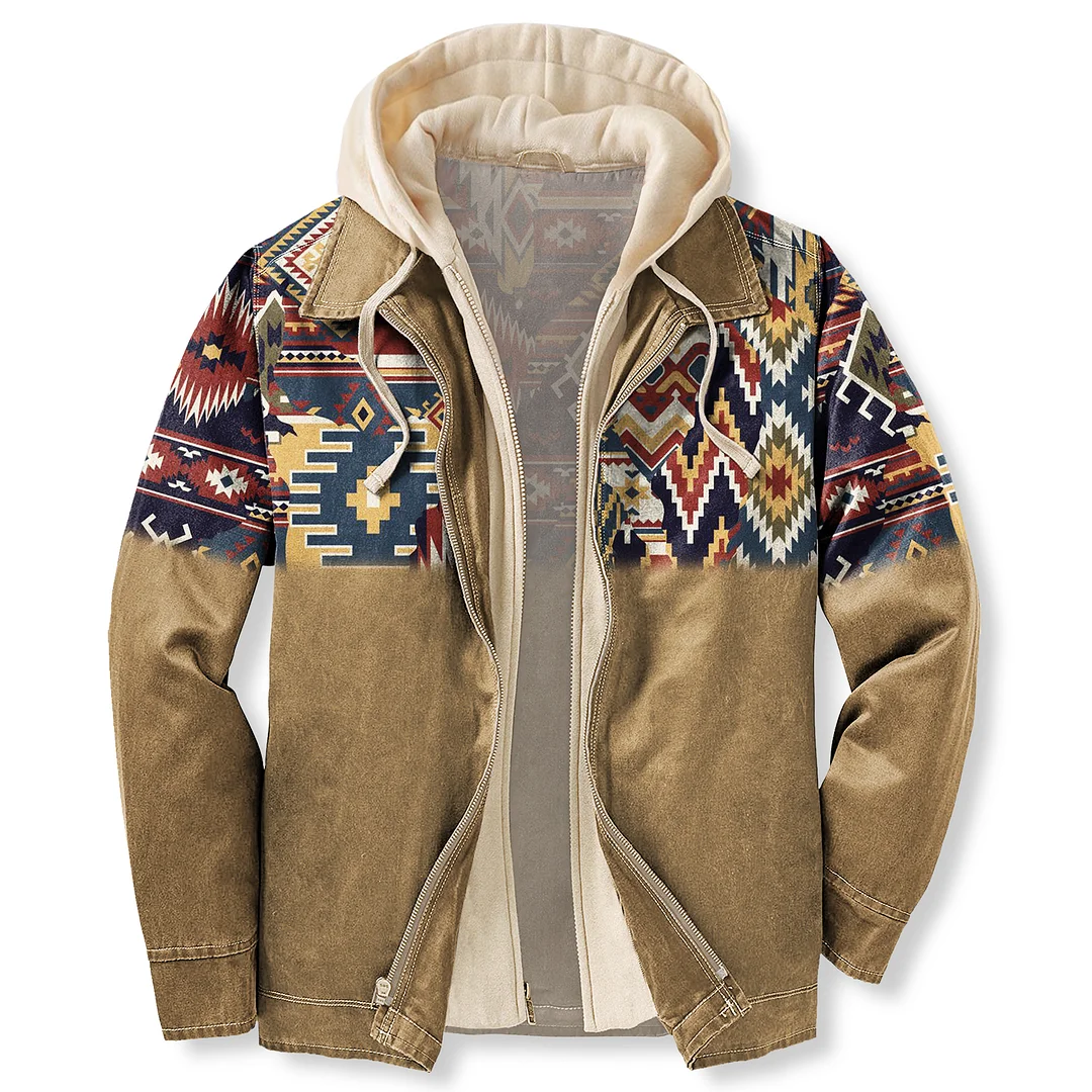 Men's Autumn & Winter Outdoor Casual Retro Ethnic Style Colorblock Print Hooded Jacket、、URBENIE