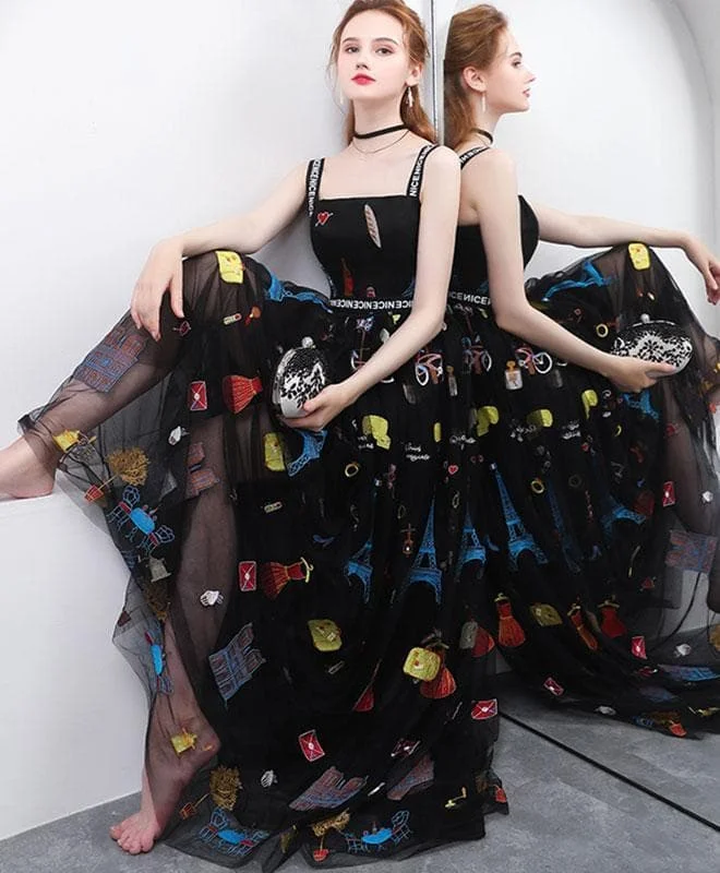 Unique Black Lace Long Prom Dress, Black Evening Dress