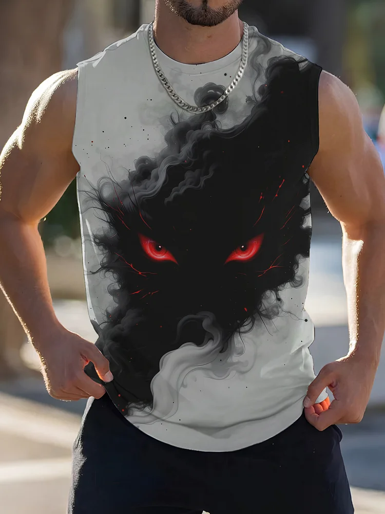 Men's Red Eye Black Cat In The Smoke Art Print Tank Top
