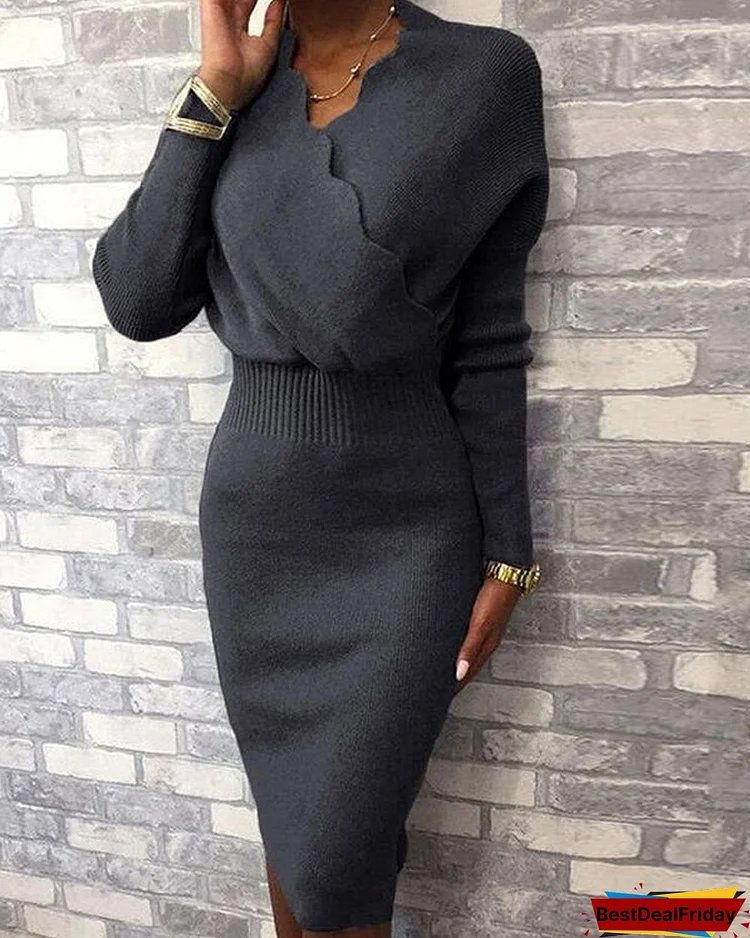 Solid Long Sleeves Bodycon Knee Length Little Black/Elegant Sweater Dresses