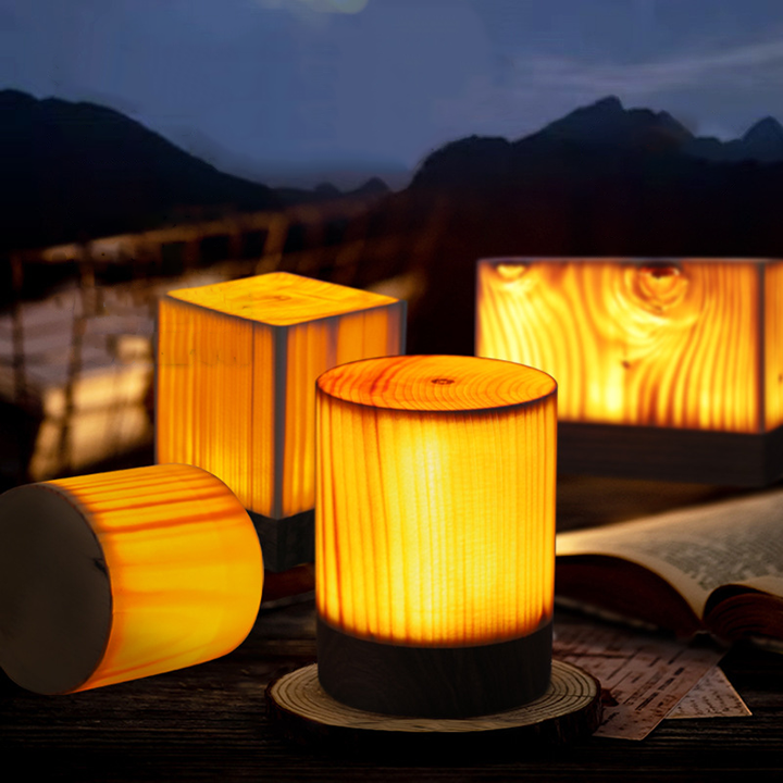 Wooden Touch Dimmable Night Light - Rechargeable Portable Unique Wood Grain Table Lamp