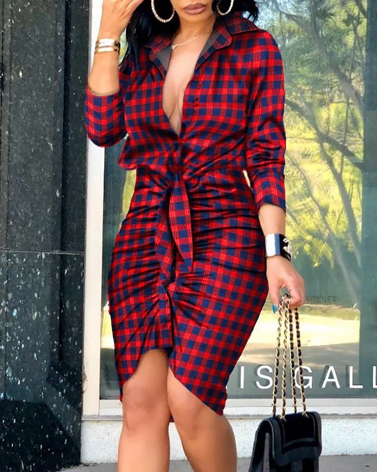 Tie Detail Long Sleeve Plaid Ruched Midi Dress P15910