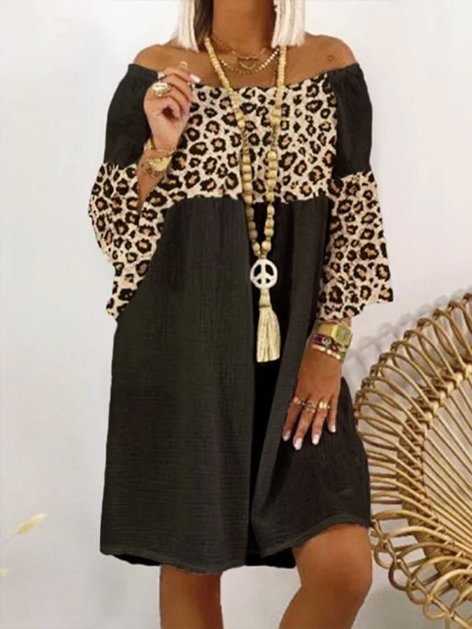 Women's Leopard Stitching Casual Off-Shoulder Cotton Dress socialshop