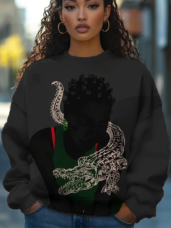 Women's Crocodile and Afro Woman Art Print Cozy Sweatshirt
