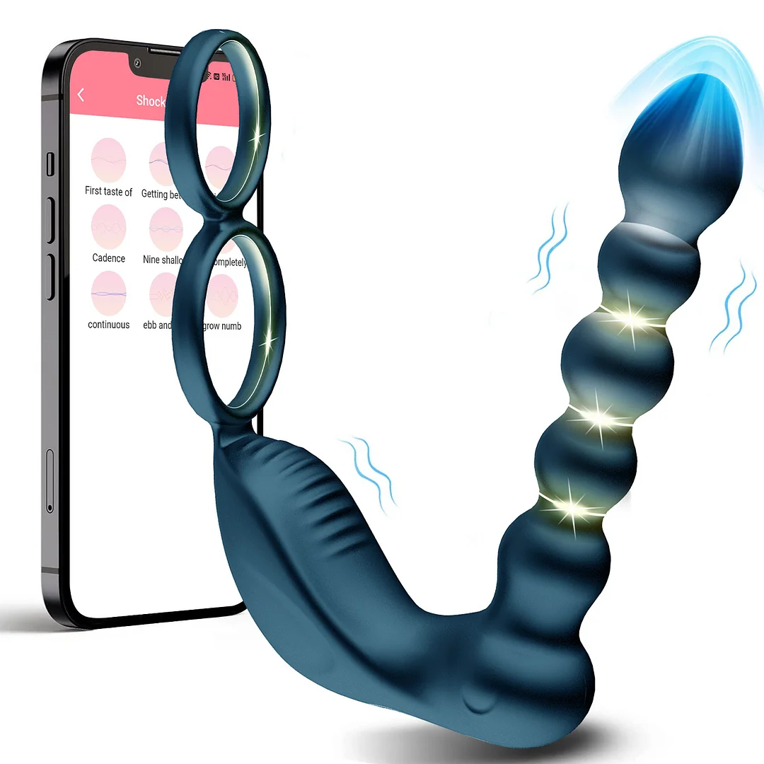 App Remote Control Vibrating Anal Beads With Dual Penis Rings - Rose Toy