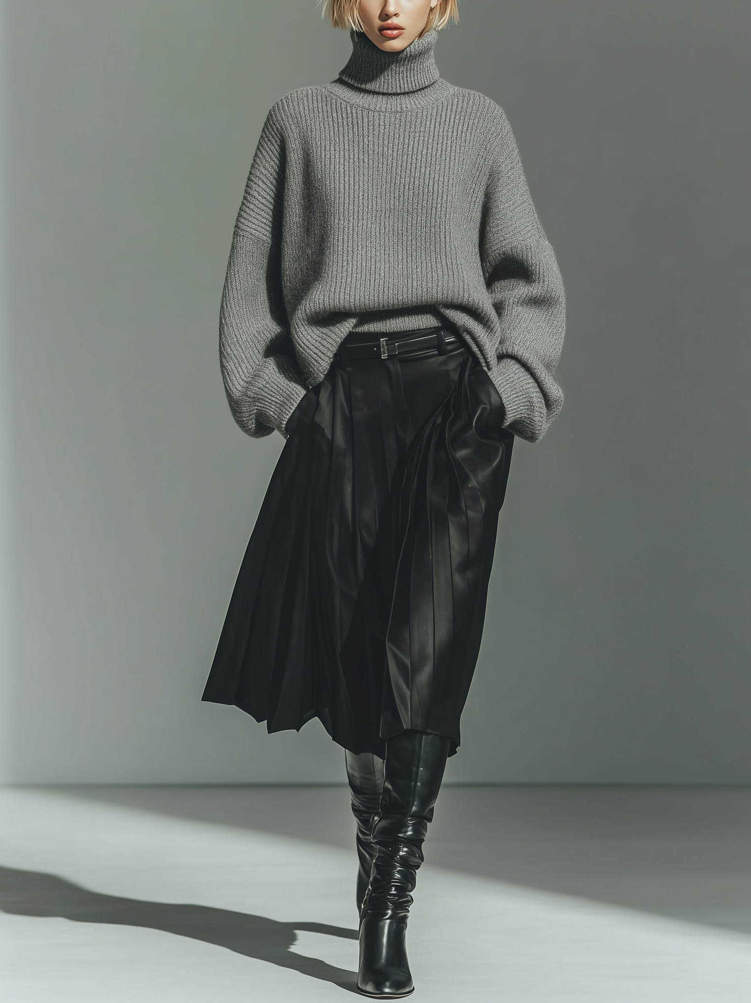 Women's Fashionable And Elegant Gray Turtleneck Long-sleeved Loose Knit Top Paired With A Black Pleated Skirt (belt Not Included) MDA2971K7AN