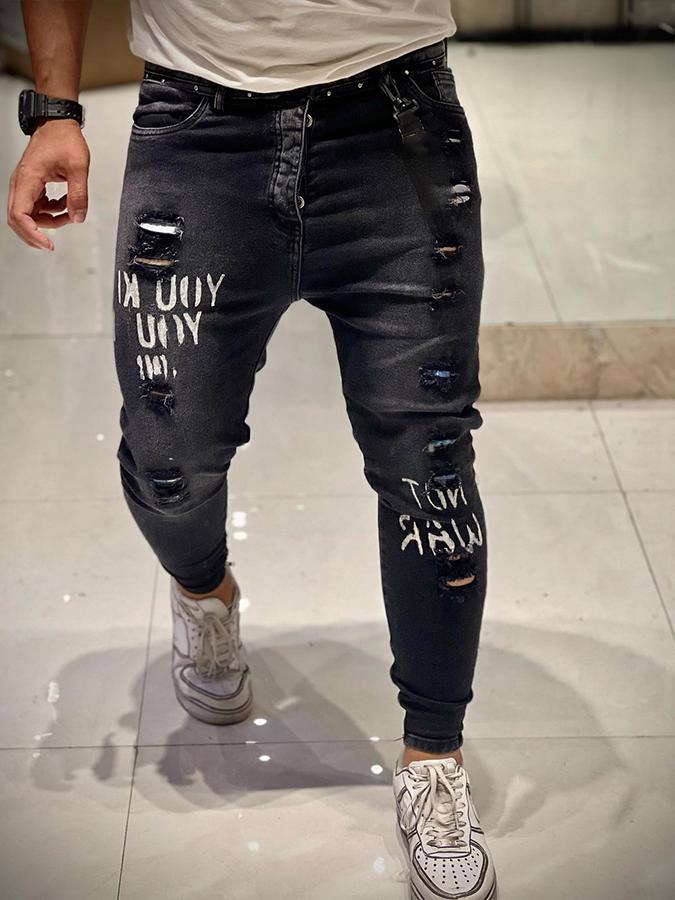 Men's Black Ripped Print Skinny Jeans